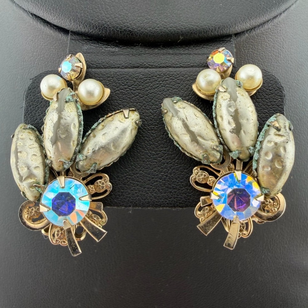 Vintage Gold Tone AB Rhinestone Faux Pearl Floral Clip On Earrings Mid Century